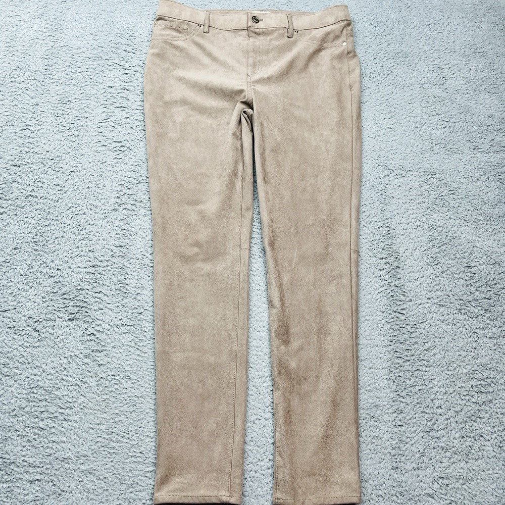 Chico's Faux Suede Pants Womens M (Chicos sz 1) Beige Worn Luggage Stretch Taper